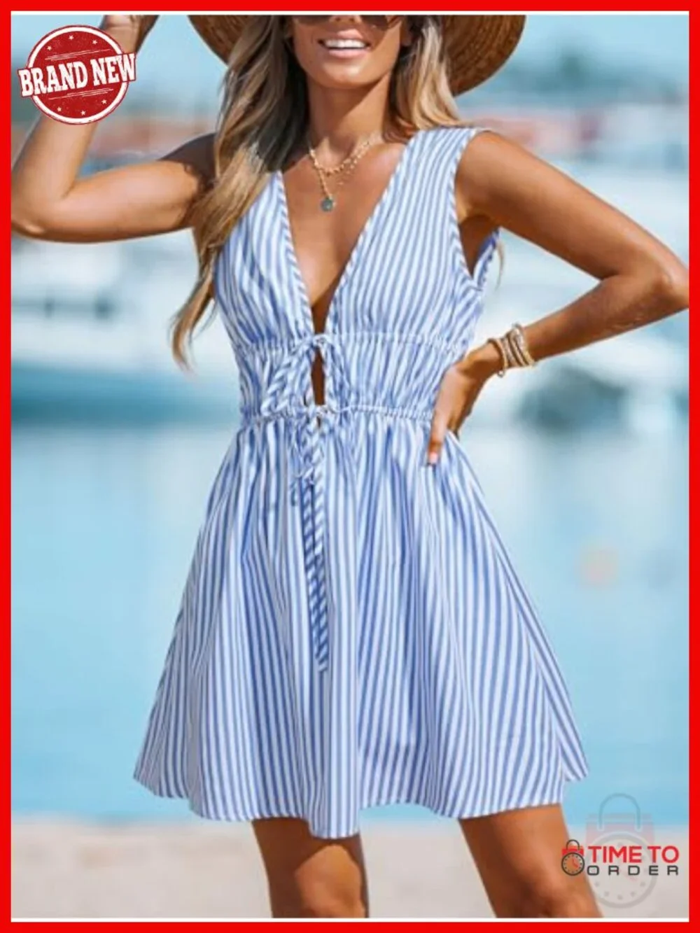Sleeveless V-Neck Mini Beach Cover Up Dress Tie Front